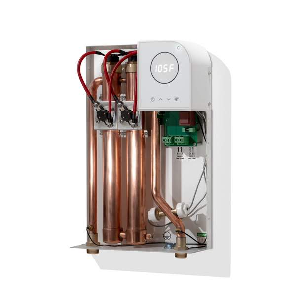 White electric tankless water heater with beautiful copper pipes and digital display on a white background